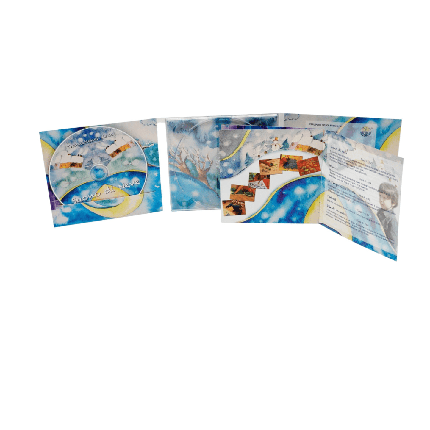 Questa immagine mostra l'album "Suono di Neve", album dedicato ai bambini che sono delicati come la neve