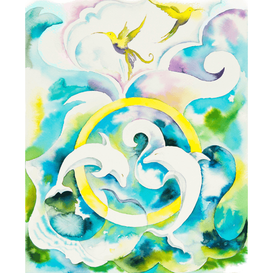 Acquerello "Colibrì e Delfini"